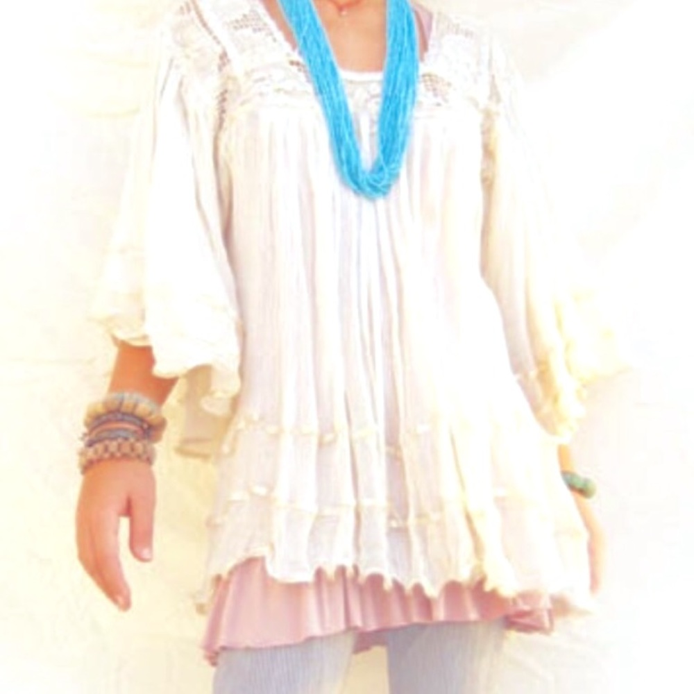 Bohemian NWOTS- Tunic/ mini dress light rayon & satin ribbon white cool to wear